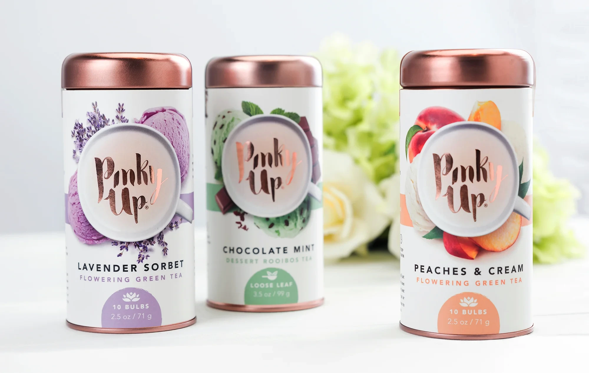 Embellished with individual flavor profiles, pops of color emerge from floral and fruit with metallic copper accents.